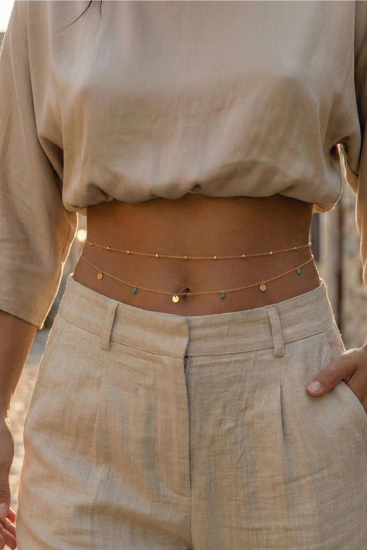 blue charm gold belly waist chain turquoise beaded detail 2